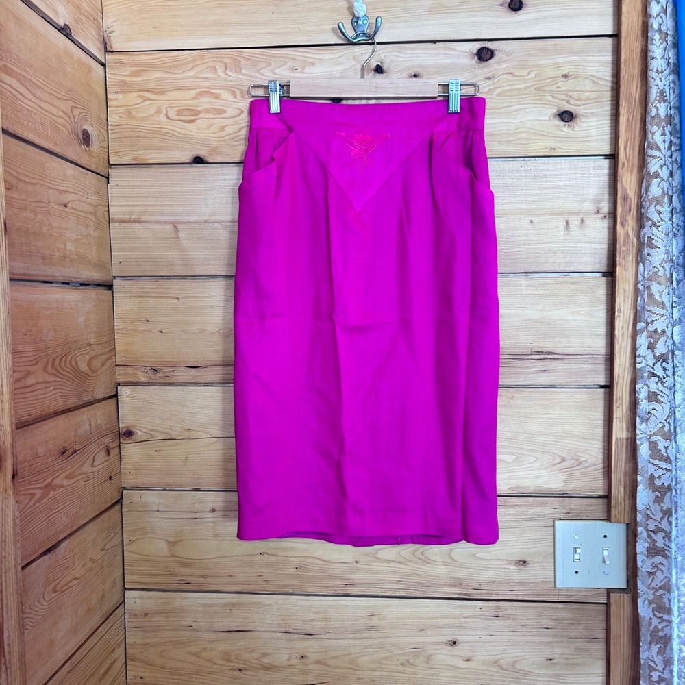 Vintage Linen Midi Skirt Women Large Fuchsia Pink 80s Retro Van Frank Adler